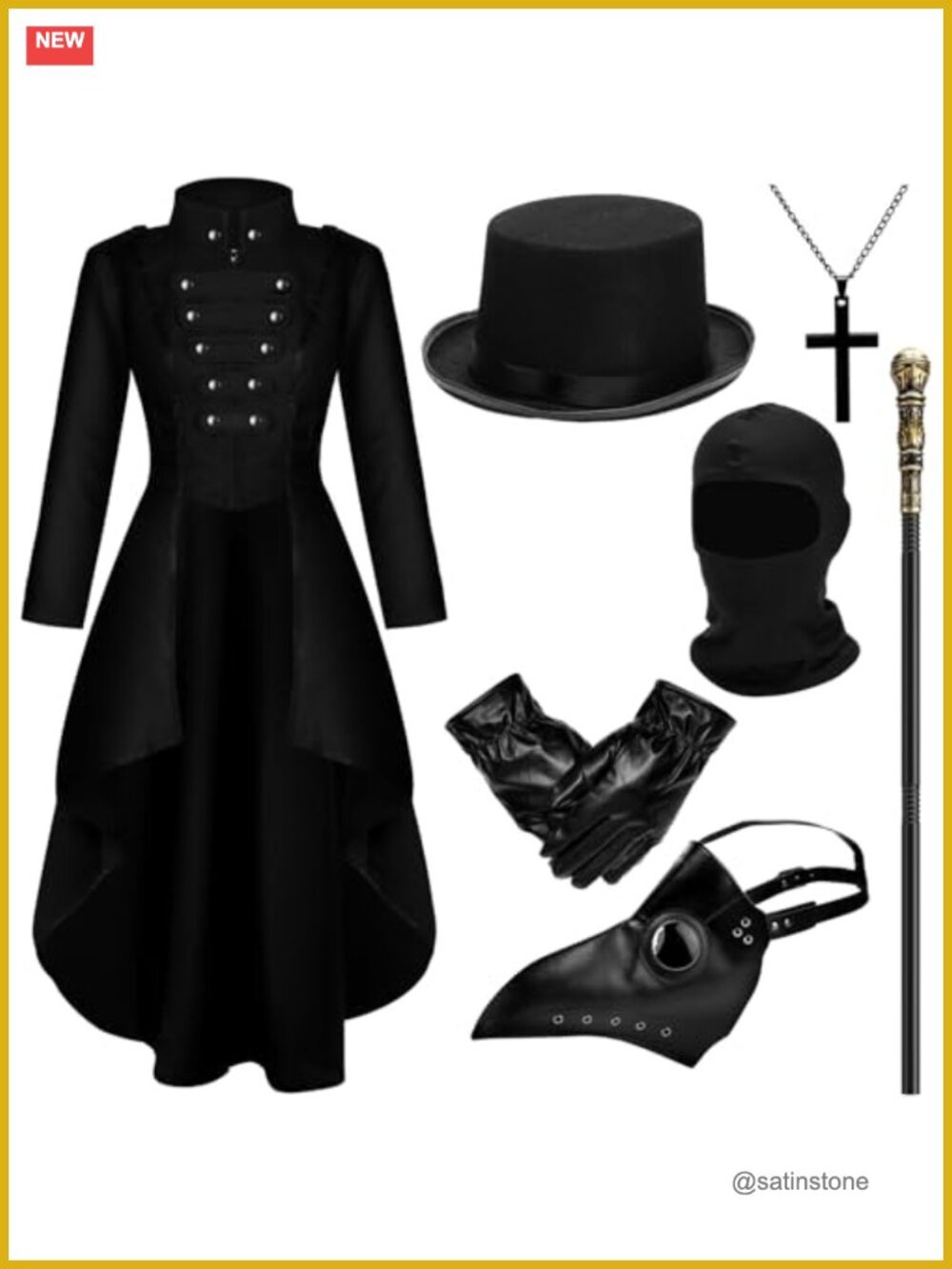 Plague Doctor Costume Set 7 Pieces Renaissance Gothic Tailcoat Mask Hat